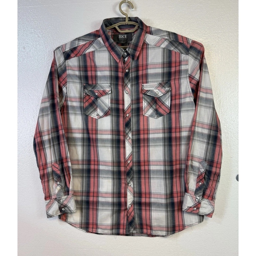 BKE Athletic Fit Western Shirt Men XL Gray Pink‎ Plaid Pearl Snap Long Sleeve